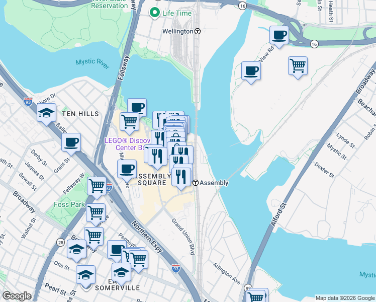 map of restaurants, bars, coffee shops, grocery stores, and more near 445 Artisan Way in Somerville