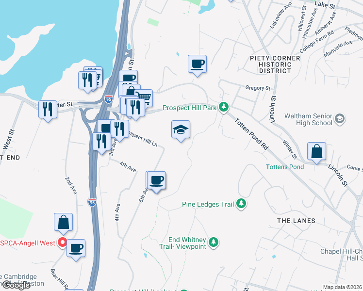 map of restaurants, bars, coffee shops, grocery stores, and more near 410 Totten Pond Road in Waltham