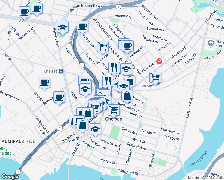 map of restaurants, bars, coffee shops, grocery stores, and more near 321 Chestnut Street in Chelsea