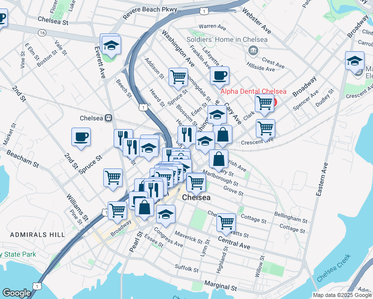 map of restaurants, bars, coffee shops, grocery stores, and more near 103 Poplar Street in Chelsea