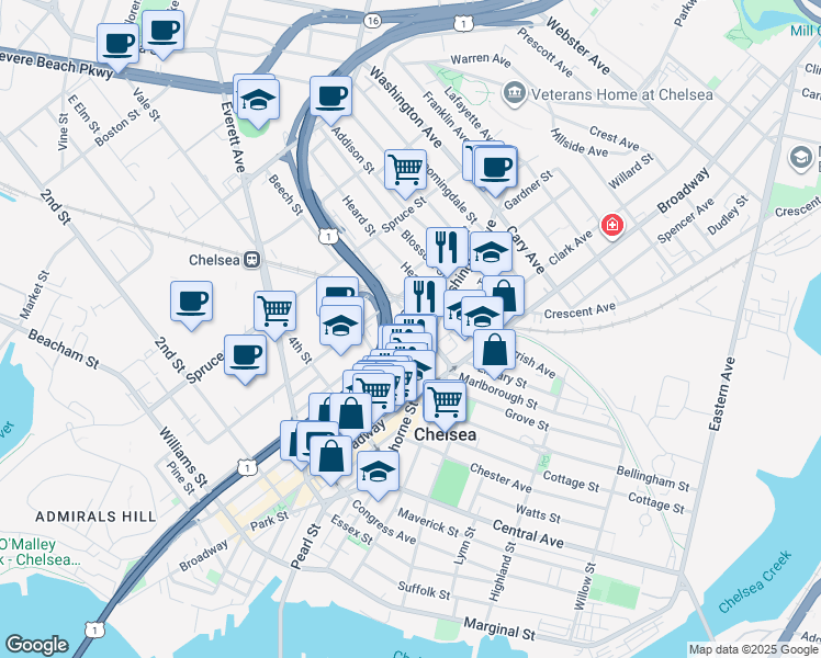 map of restaurants, bars, coffee shops, grocery stores, and more near 103 Poplar Street in Chelsea