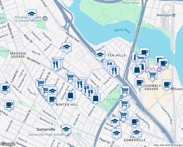 map of restaurants, bars, coffee shops, grocery stores, and more near 64 Derby Street in Somerville