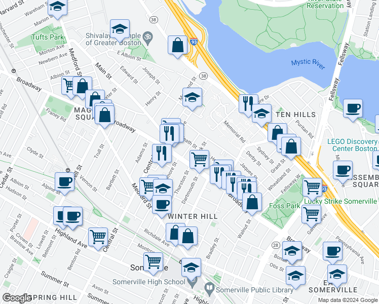 map of restaurants, bars, coffee shops, grocery stores, and more near 11 Fenwick Street in Somerville