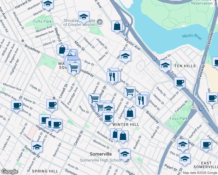 map of restaurants, bars, coffee shops, grocery stores, and more near 201 Central Street in Somerville