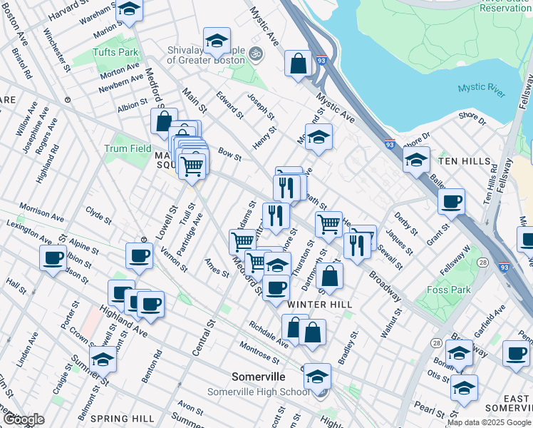 map of restaurants, bars, coffee shops, grocery stores, and more near 201 Central Street in Somerville
