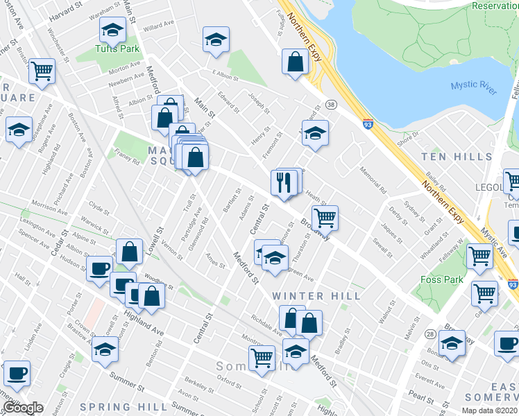 map of restaurants, bars, coffee shops, grocery stores, and more near 43 Adams Street in Somerville