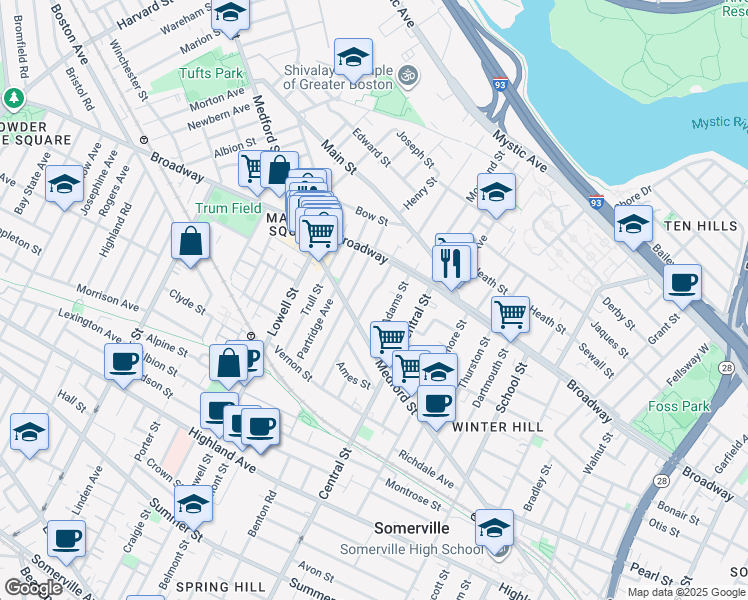 map of restaurants, bars, coffee shops, grocery stores, and more near 81 Bartlett Street in Somerville