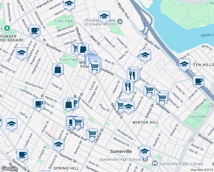 map of restaurants, bars, coffee shops, grocery stores, and more near 81 Bartlett Street in Somerville