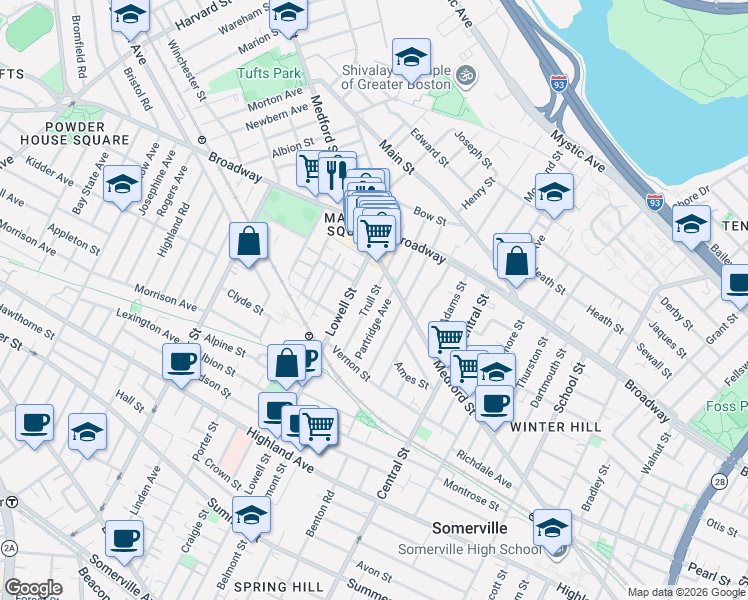 map of restaurants, bars, coffee shops, grocery stores, and more near 47 Partridge Avenue in Somerville