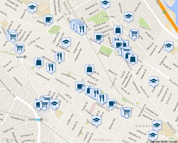 map of restaurants, bars, coffee shops, grocery stores, and more near 181 Cedar Street in Somerville