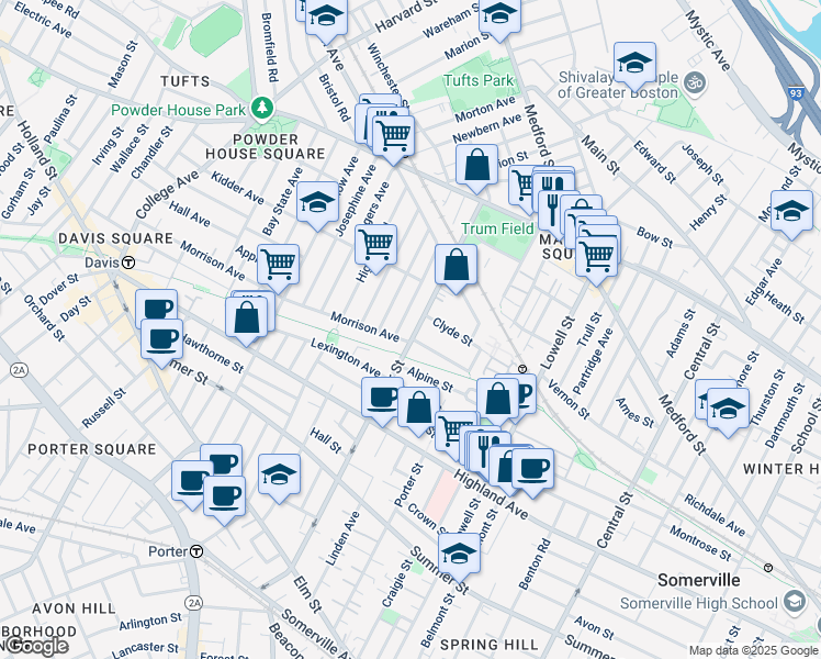 map of restaurants, bars, coffee shops, grocery stores, and more near 181 Cedar Street in Somerville