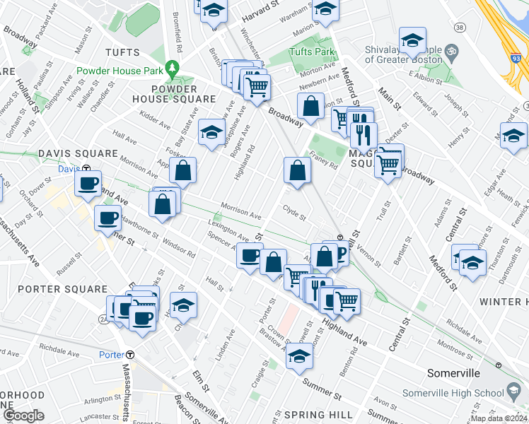 map of restaurants, bars, coffee shops, grocery stores, and more near 181 Cedar Street in Somerville