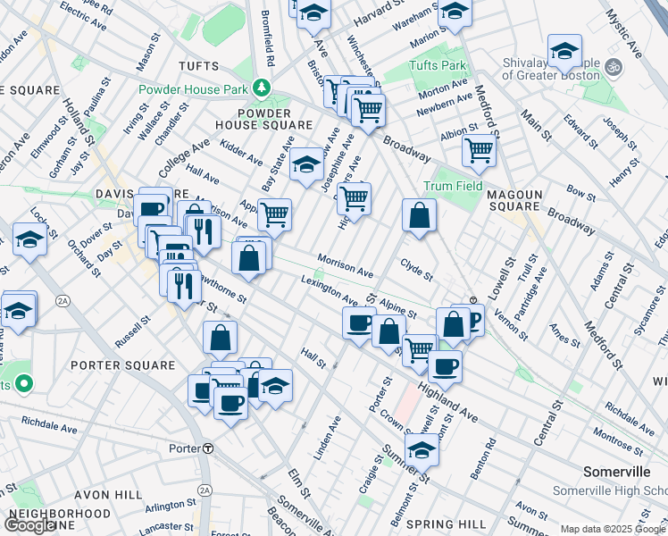 map of restaurants, bars, coffee shops, grocery stores, and more near 47 Lexington Avenue in Somerville
