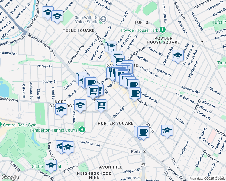 map of restaurants, bars, coffee shops, grocery stores, and more near 123 Orchard Street in Somerville