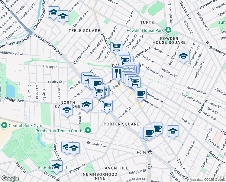 map of restaurants, bars, coffee shops, grocery stores, and more near 123 Orchard Street in Somerville