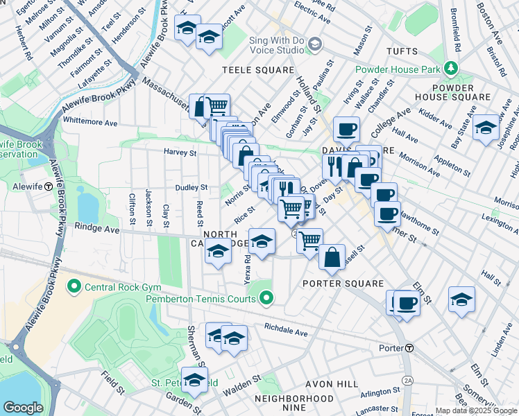 map of restaurants, bars, coffee shops, grocery stores, and more near 24 Rice Street in Cambridge