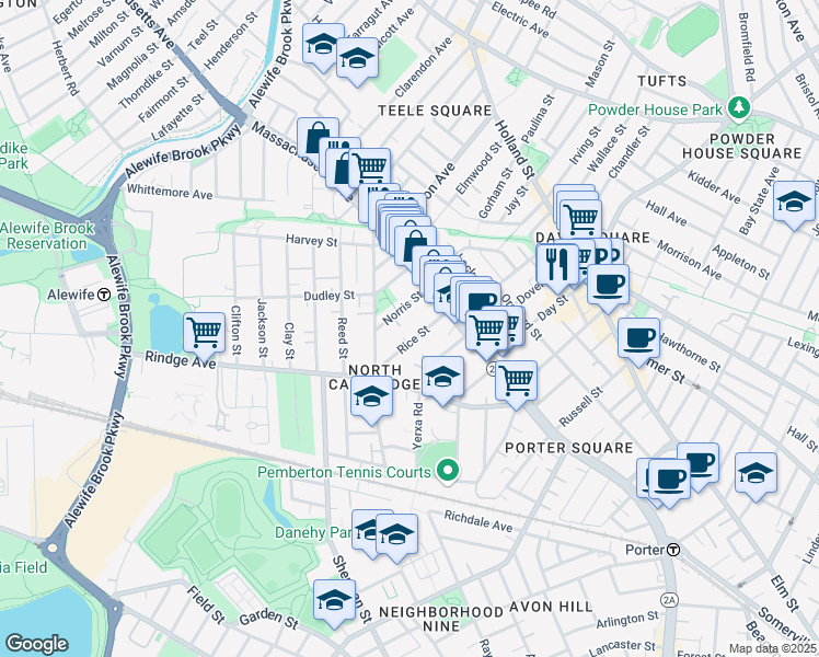 map of restaurants, bars, coffee shops, grocery stores, and more near 59 Rice Street in Cambridge