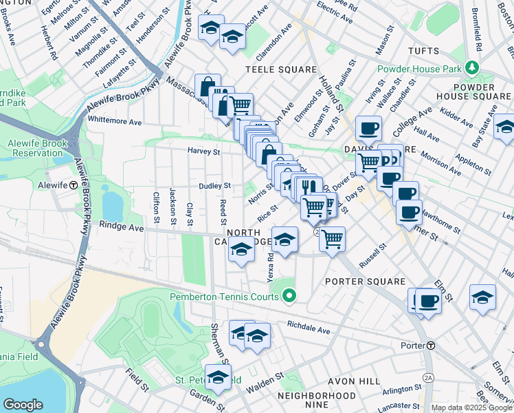 map of restaurants, bars, coffee shops, grocery stores, and more near 59 Rice Street in Cambridge