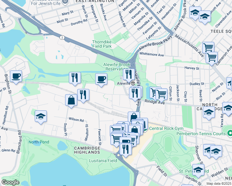 map of restaurants, bars, coffee shops, grocery stores, and more near 54 Cambridgepark Drive in Cambridge
