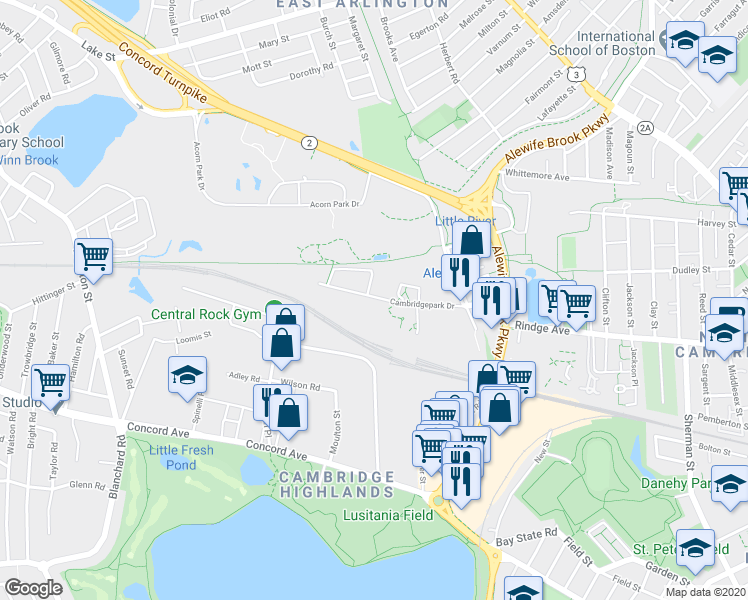map of restaurants, bars, coffee shops, grocery stores, and more near 150 Cambridgepark Drive in Cambridge