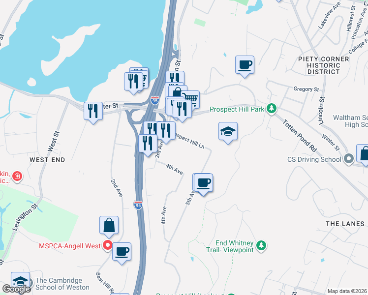 map of restaurants, bars, coffee shops, grocery stores, and more near 52 4th Avenue in Waltham