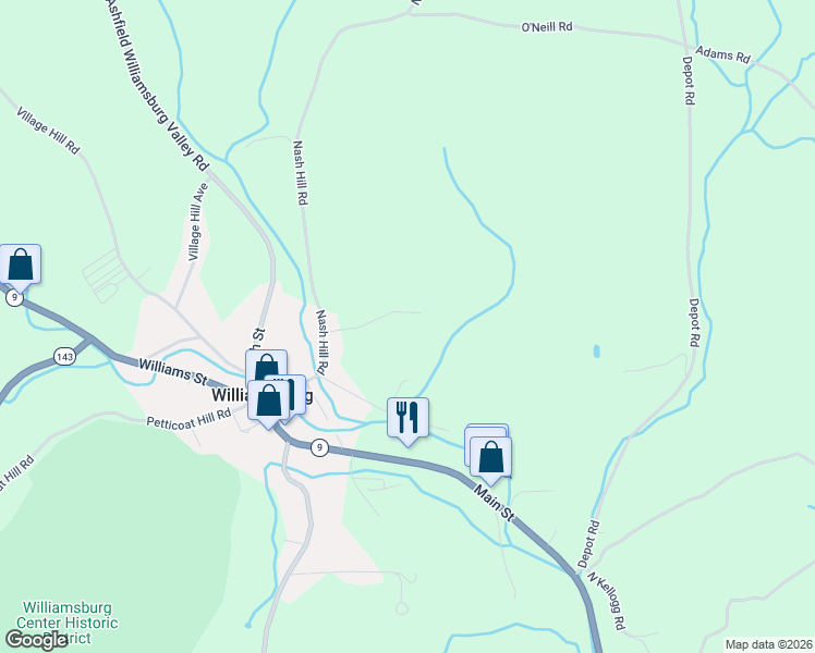 map of restaurants, bars, coffee shops, grocery stores, and more near 9 Nash Hill Place in Williamsburg