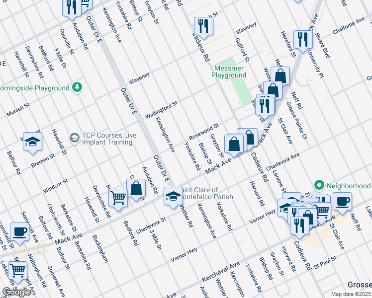 map of restaurants, bars, coffee shops, grocery stores, and more near 3494 Yorkshire Road in Detroit