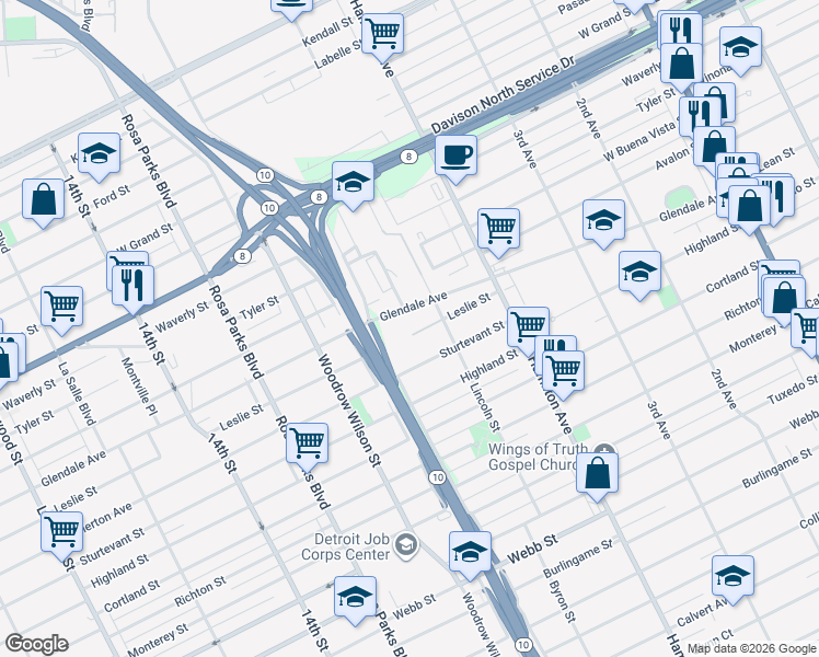 map of restaurants, bars, coffee shops, grocery stores, and more near 369 Glendale Avenue in Highland Park