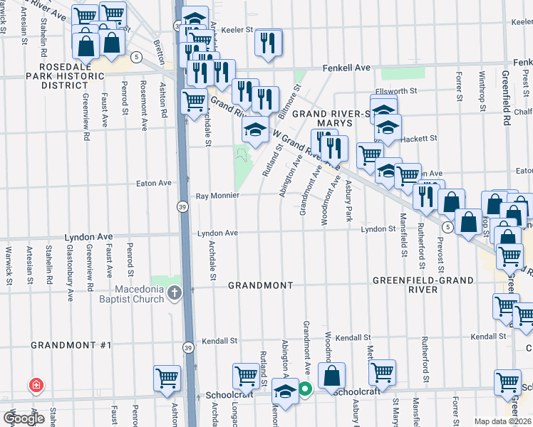 map of restaurants, bars, coffee shops, grocery stores, and more near 14531 Abington Avenue in Detroit