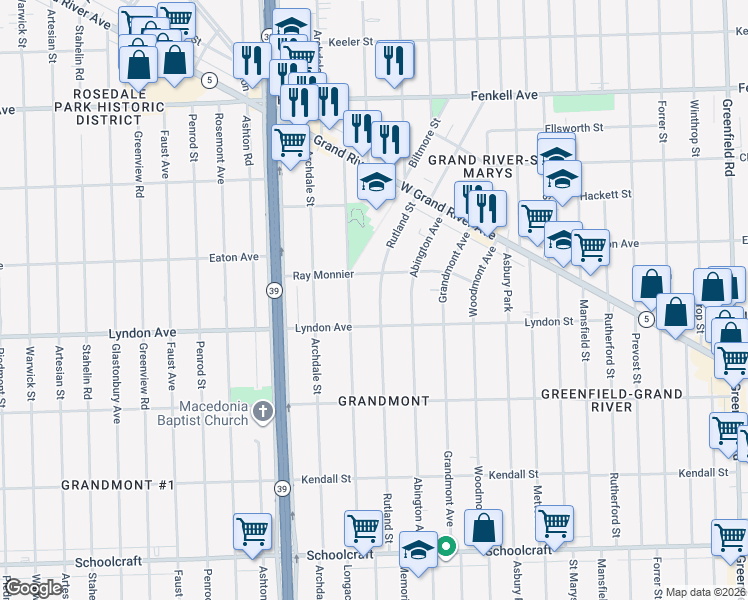 map of restaurants, bars, coffee shops, grocery stores, and more near 14529 Rutland Street in Detroit