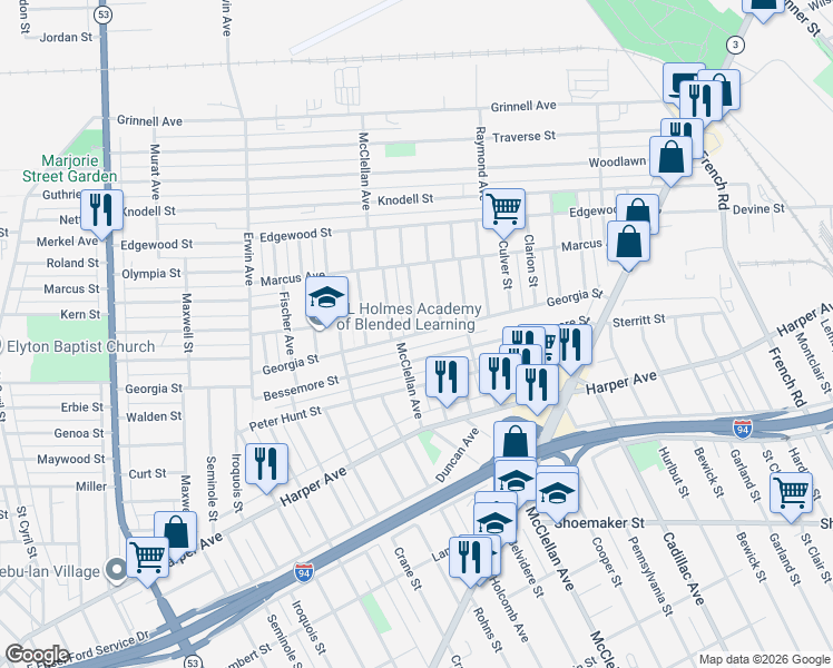 map of restaurants, bars, coffee shops, grocery stores, and more near Georgia St & Isham Ave in Detroit
