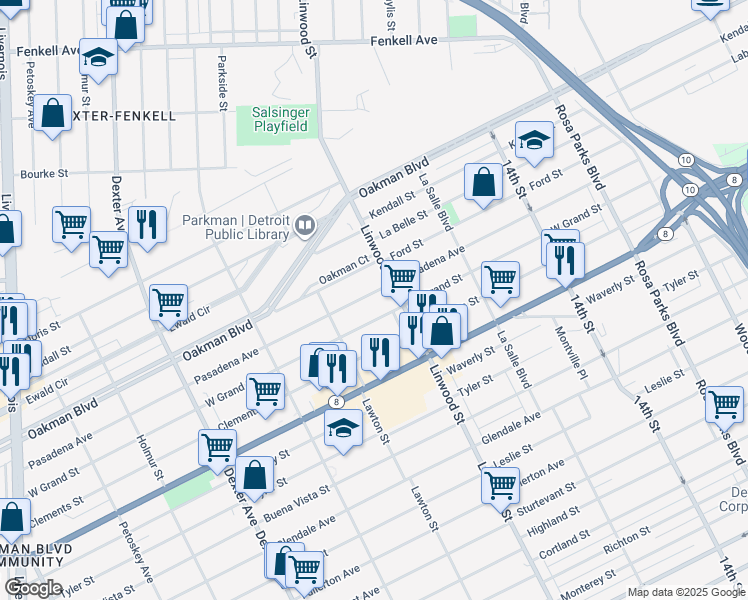 map of restaurants, bars, coffee shops, grocery stores, and more near 2649 Pasadena Street in Detroit