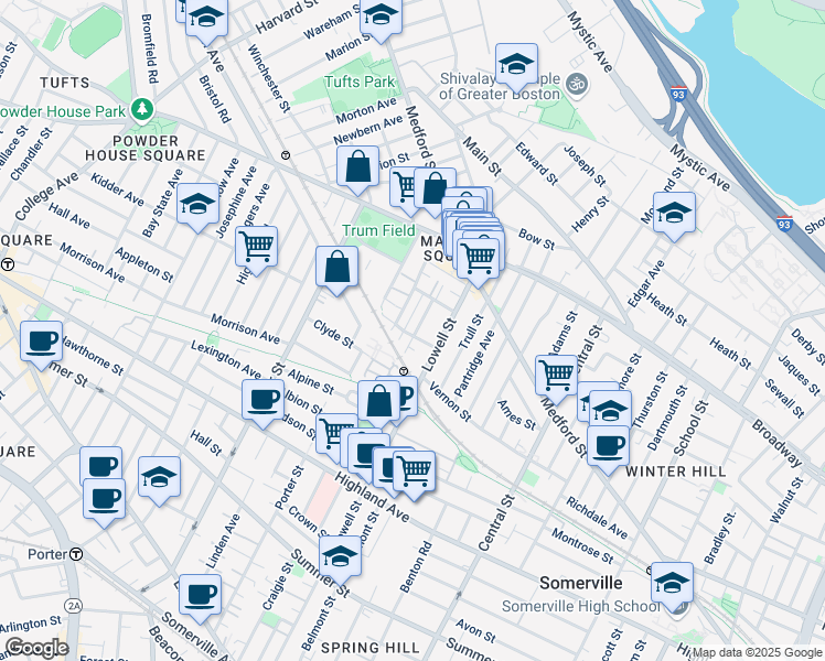 map of restaurants, bars, coffee shops, grocery stores, and more near 30 Nashua Street in Somerville