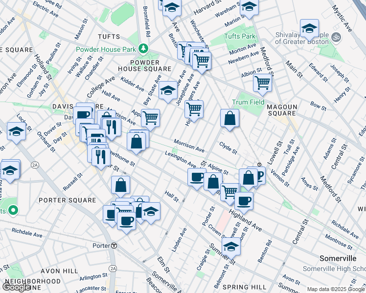 map of restaurants, bars, coffee shops, grocery stores, and more near 47 Lexington Avenue in Somerville