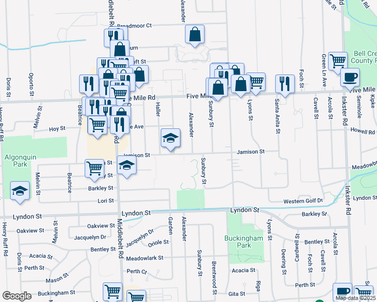 map of restaurants, bars, coffee shops, grocery stores, and more near 14907 Alexander Street in Livonia