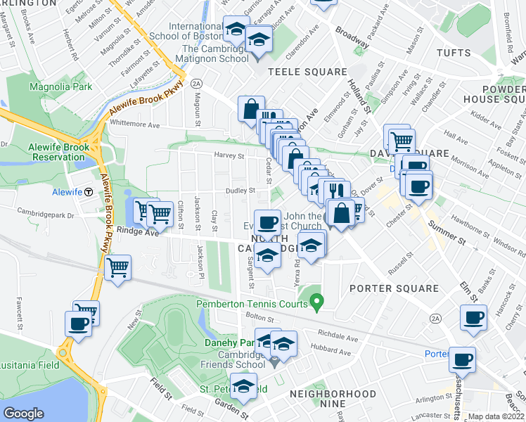 map of restaurants, bars, coffee shops, grocery stores, and more near 49 Cedar Street in Cambridge