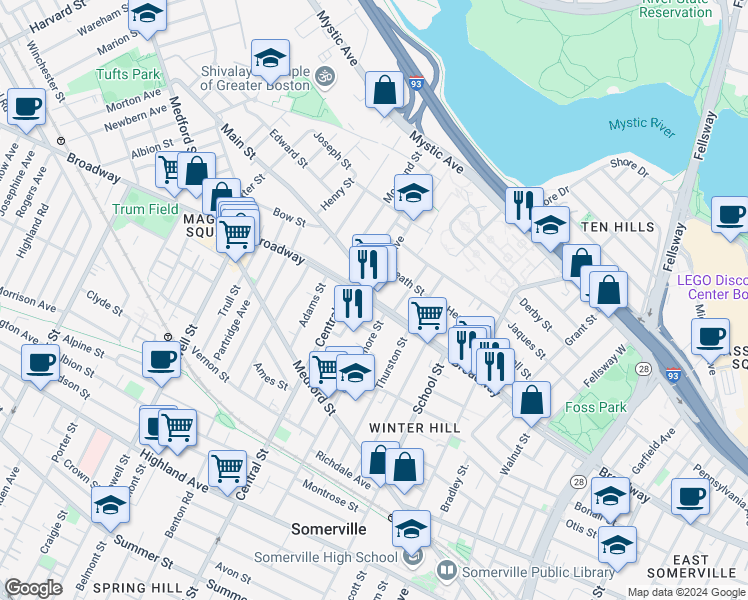 map of restaurants, bars, coffee shops, grocery stores, and more near 383 Broadway in Somerville