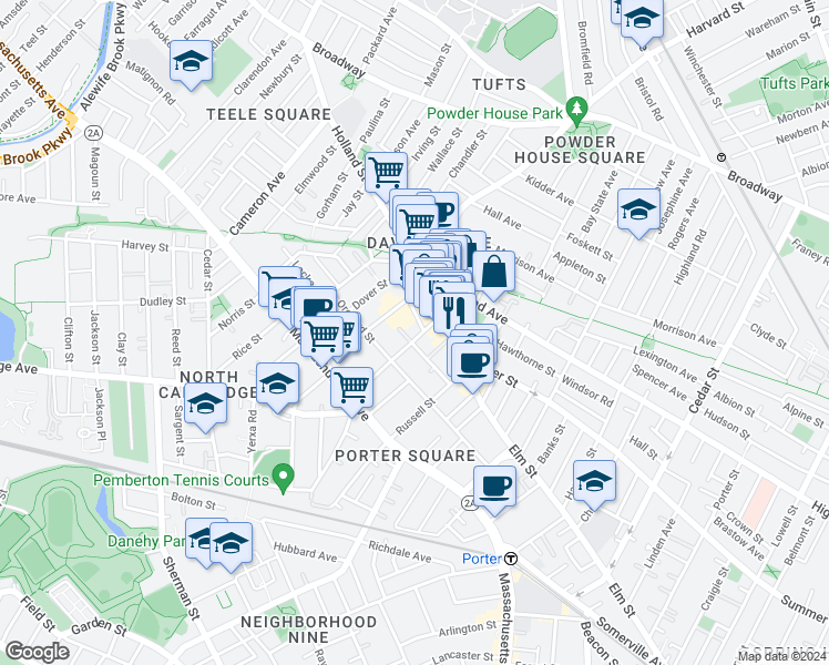 map of restaurants, bars, coffee shops, grocery stores, and more near 45 Chester Street in Somerville