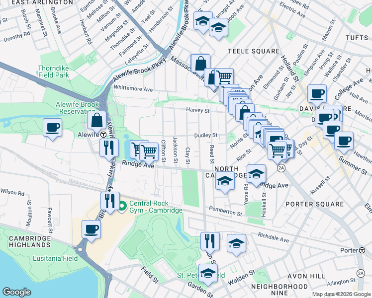 map of restaurants, bars, coffee shops, grocery stores, and more near 34 Clay Street in Cambridge
