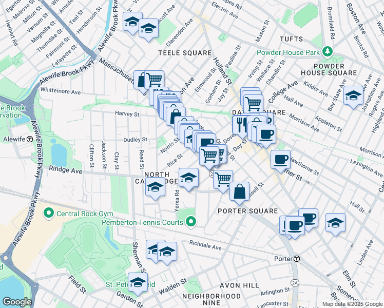 map of restaurants, bars, coffee shops, grocery stores, and more near 24 Rice Street in Cambridge