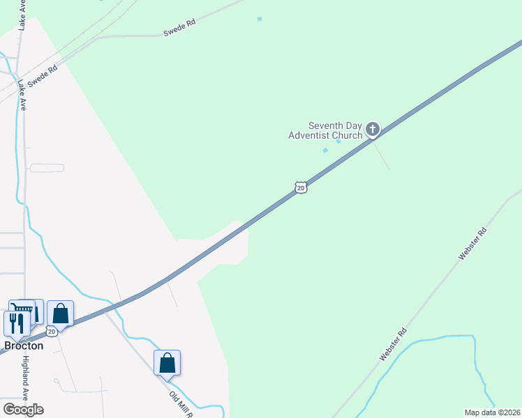 map of restaurants, bars, coffee shops, grocery stores, and more near 5720 West Main Street in Brocton