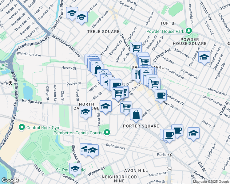 map of restaurants, bars, coffee shops, grocery stores, and more near 2265 Massachusetts Avenue in Cambridge