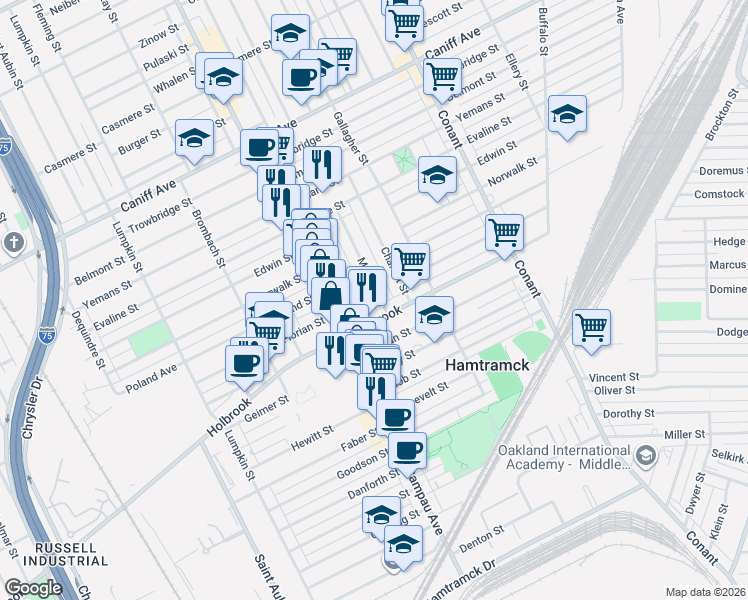 map of restaurants, bars, coffee shops, grocery stores, and more near 9326 Mitchell Street in Hamtramck