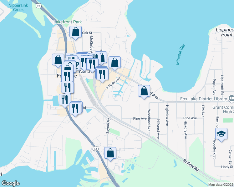 map of restaurants, bars, coffee shops, grocery stores, and more near in Fox Lake