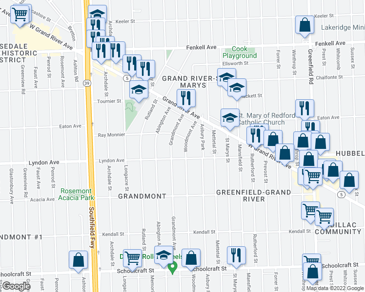 map of restaurants, bars, coffee shops, grocery stores, and more near 14555 Woodmont Avenue in Detroit