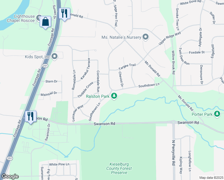 map of restaurants, bars, coffee shops, grocery stores, and more near 5703 Southdown Lane in Roscoe