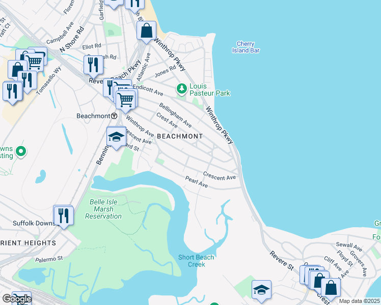 map of restaurants, bars, coffee shops, grocery stores, and more near 903 Winthrop Avenue in Revere