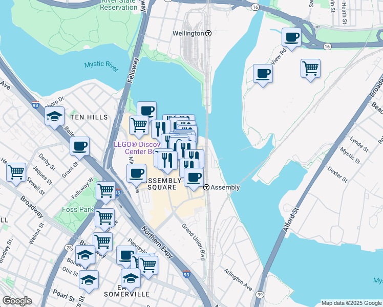 map of restaurants, bars, coffee shops, grocery stores, and more near 445 Artisan Way in Somerville