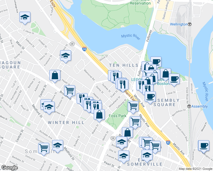 map of restaurants, bars, coffee shops, grocery stores, and more near 43 Sydney Street in Somerville