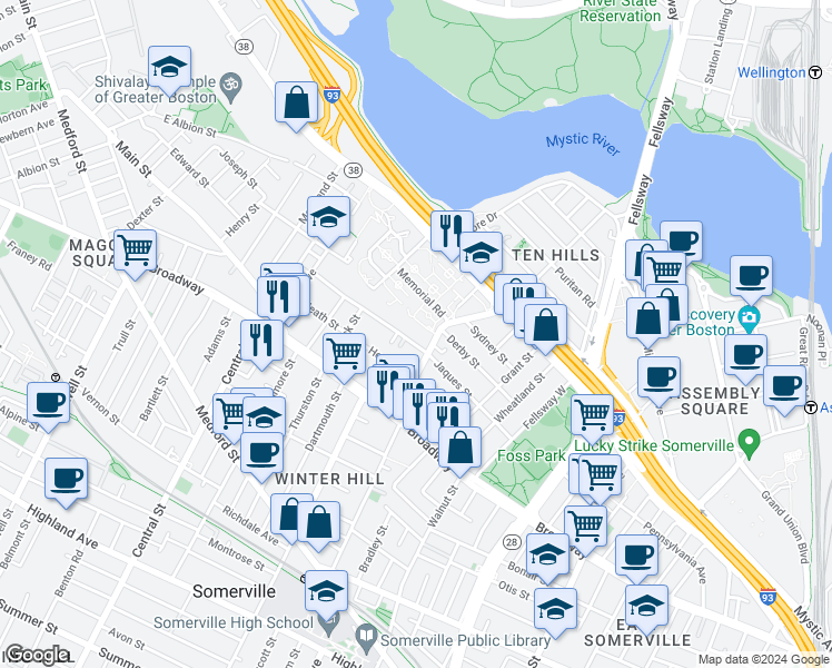 map of restaurants, bars, coffee shops, grocery stores, and more near in Somerville